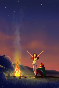 Preview wallpaper couple, bonfire, art, night, camping