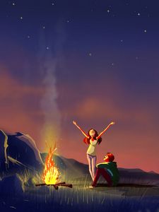 Preview wallpaper couple, bonfire, art, night, camping