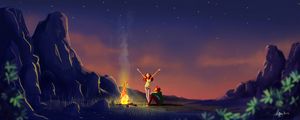 Preview wallpaper couple, bonfire, art, night, camping