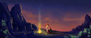 Preview wallpaper couple, bonfire, art, night, camping