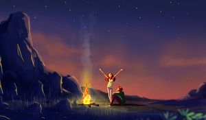 Preview wallpaper couple, bonfire, art, night, camping