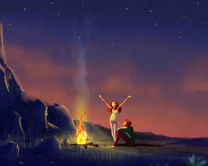 Preview wallpaper couple, bonfire, art, night, camping