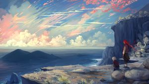 Preview wallpaper couple, cliff, art, mountains, sea