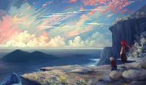 Preview wallpaper couple, cliff, art, mountains, sea