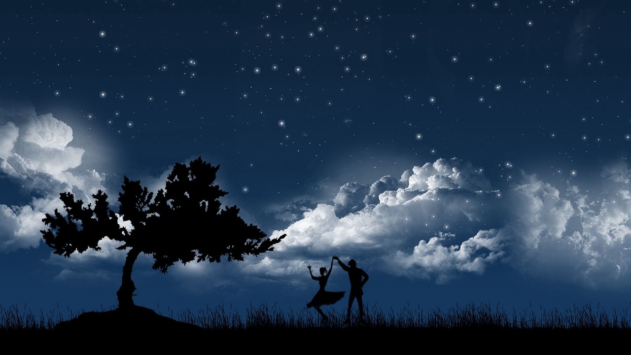 Wallpaper couple, dance, sky, night, tree, silhouettes