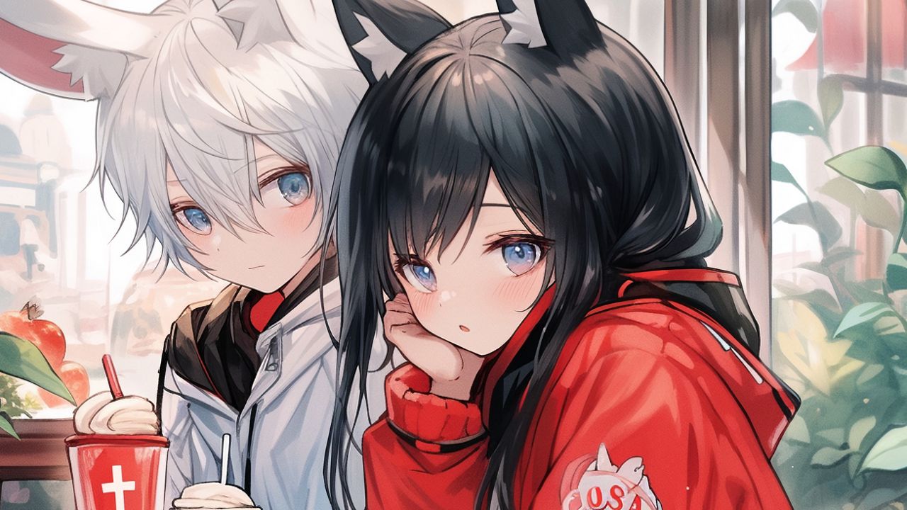 Wallpaper couple, ears, coffee, drinks, cafe, art, anime