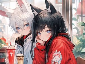 Preview wallpaper couple, ears, coffee, drinks, cafe, art, anime