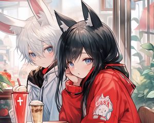 Preview wallpaper couple, ears, coffee, drinks, cafe, art, anime
