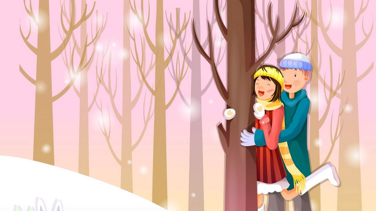 Wallpaper couple, forest, snow, rabbits, observing