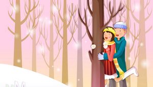 Preview wallpaper couple, forest, snow, rabbits, observing