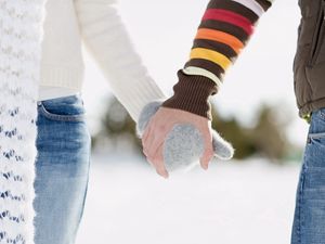 Preview wallpaper couple, friendship, shaking hands, mittens, winter