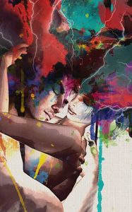 Preview wallpaper couple, hugging, paint, colorful, oiled