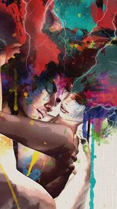 Preview wallpaper couple, hugging, paint, colorful, oiled