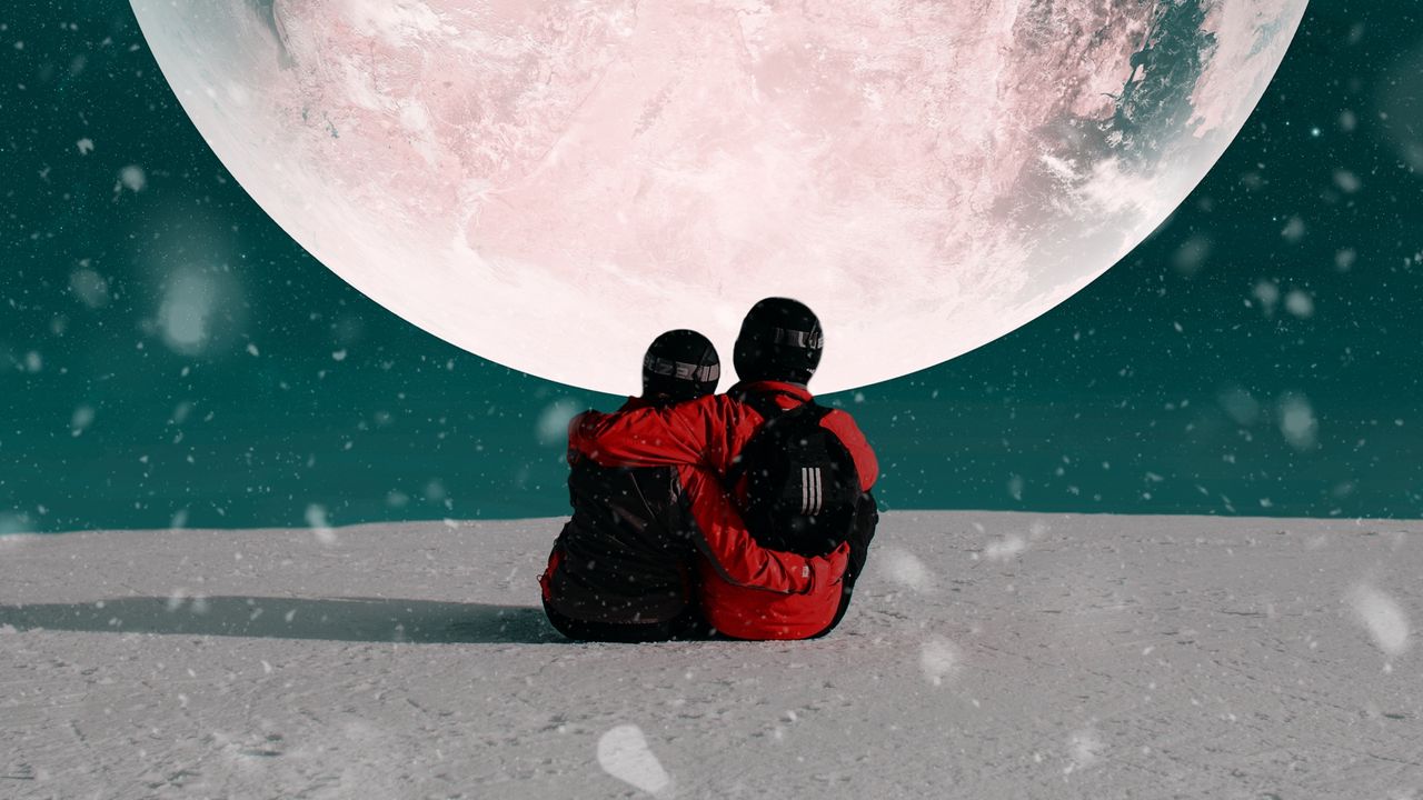 Wallpaper couple, hugs, moon, snow, space