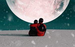 Preview wallpaper couple, hugs, moon, snow, space