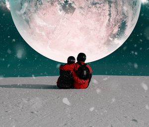 Preview wallpaper couple, hugs, moon, snow, space