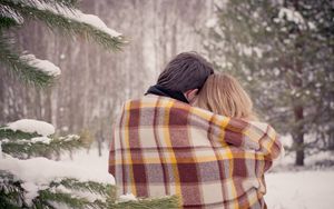 Preview wallpaper couple, hugs, plaid, love, snow, winter