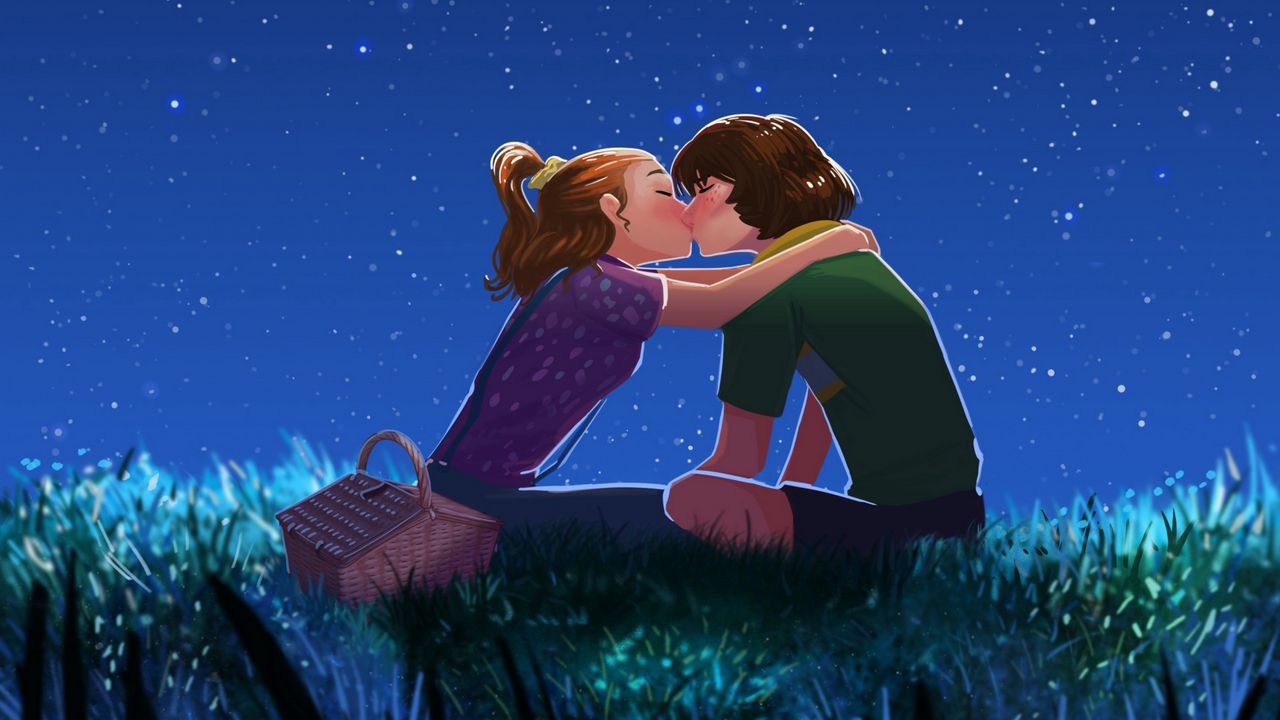Wallpaper couple, kiss, art, starry sky, romance