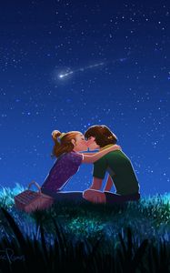 Preview wallpaper couple, kiss, art, starry sky, romance