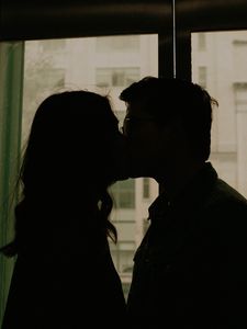 Preview wallpaper couple, kiss, silhouettes, window