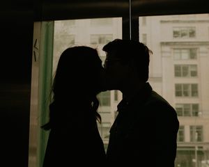 Preview wallpaper couple, kiss, silhouettes, window