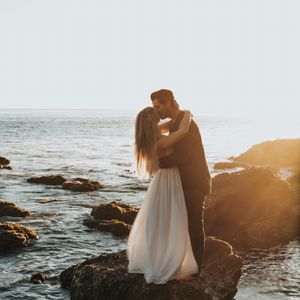 Preview wallpaper couple, kiss, sunset, sea, tenderness, romance
