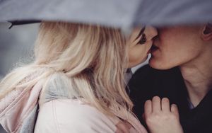 Preview wallpaper couple, kiss, tenderness, love, romance, umbrella, touch