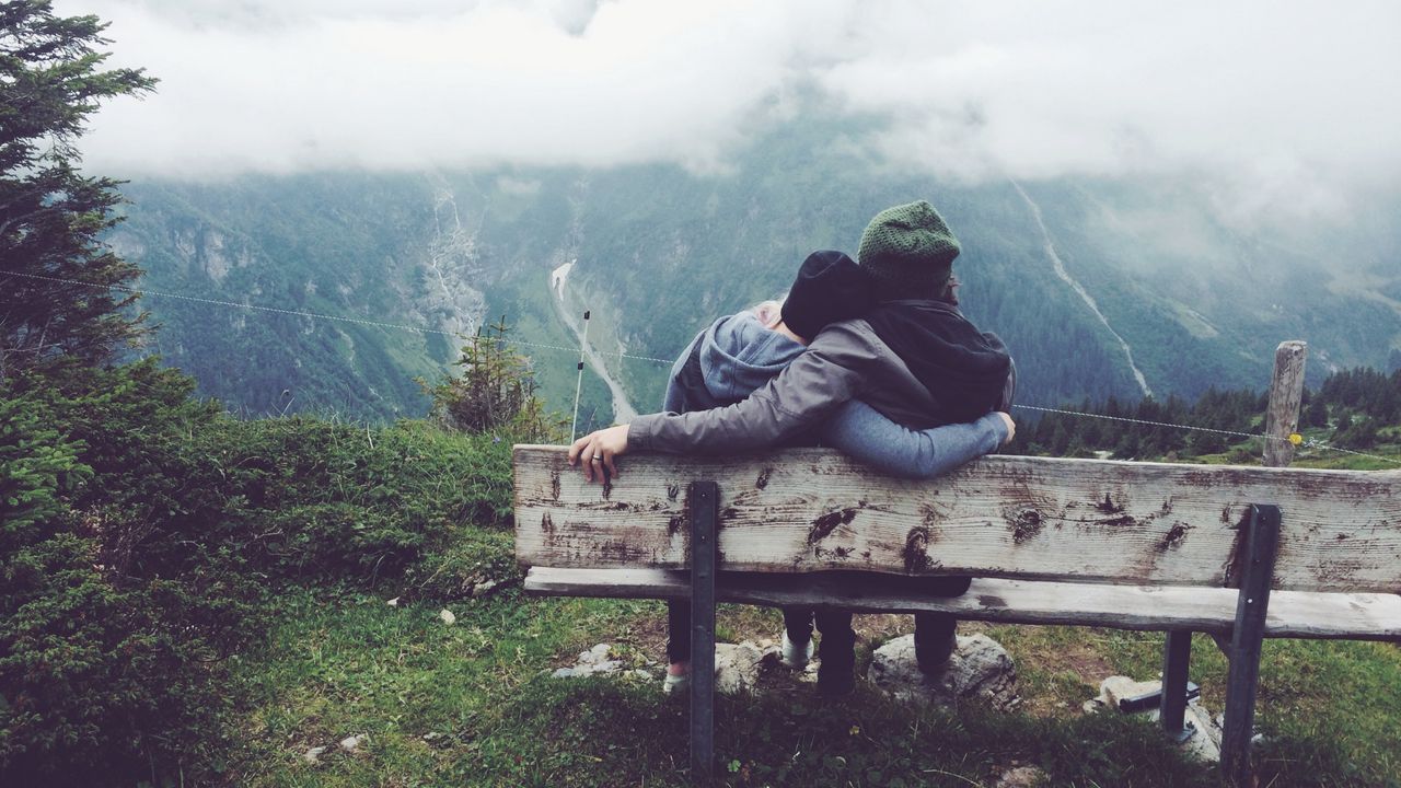 Wallpaper couple, love, bench, hugs, mountains