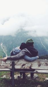 Preview wallpaper couple, love, bench, hugs, mountains