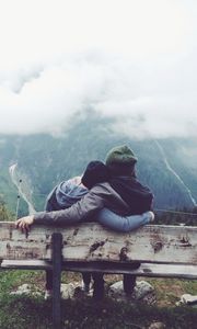 Preview wallpaper couple, love, bench, hugs, mountains