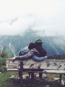 Preview wallpaper couple, love, bench, hugs, mountains