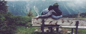 Preview wallpaper couple, love, bench, hugs, mountains