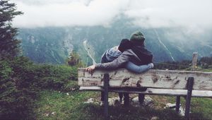 Preview wallpaper couple, love, bench, hugs, mountains