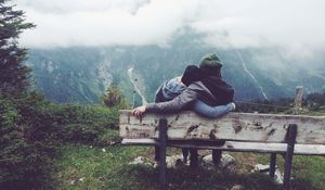 Preview wallpaper couple, love, bench, hugs, mountains