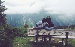 Preview wallpaper couple, love, bench, hugs, mountains