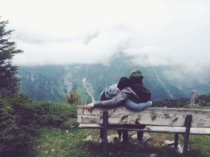 Preview wallpaper couple, love, bench, hugs, mountains