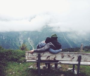 Preview wallpaper couple, love, bench, hugs, mountains