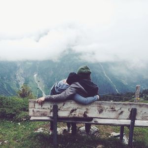 Preview wallpaper couple, love, bench, hugs, mountains