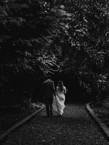 Preview wallpaper couple, love, bw, wedding, path