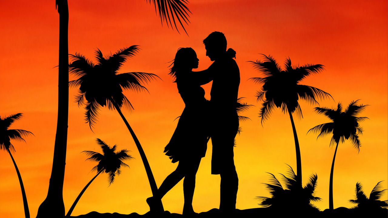 Wallpaper couple, love, palms, sunset