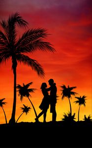 Preview wallpaper couple, love, palms, sunset