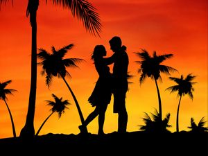 Preview wallpaper couple, love, palms, sunset
