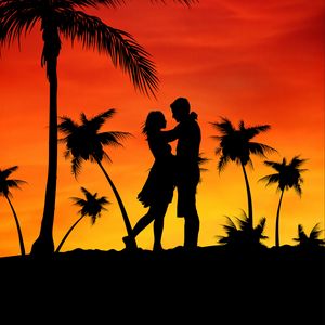 Preview wallpaper couple, love, palms, sunset