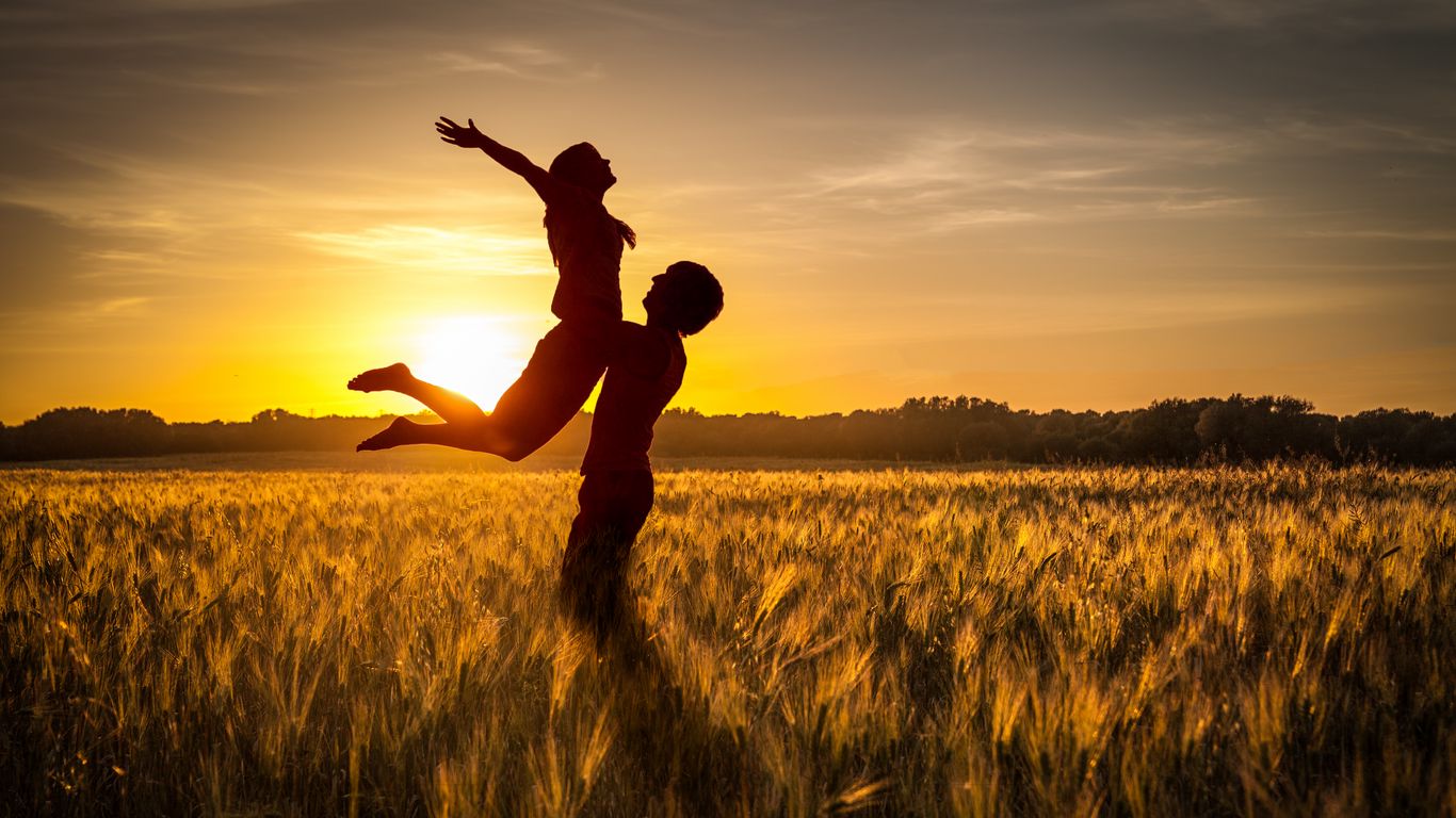 1366x768 Wallpaper couple, love, sunset, field, grass, silhouettes