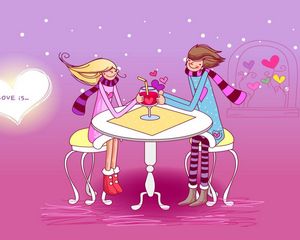 Preview wallpaper couple, love, table, date, cafe, drink, drawing
