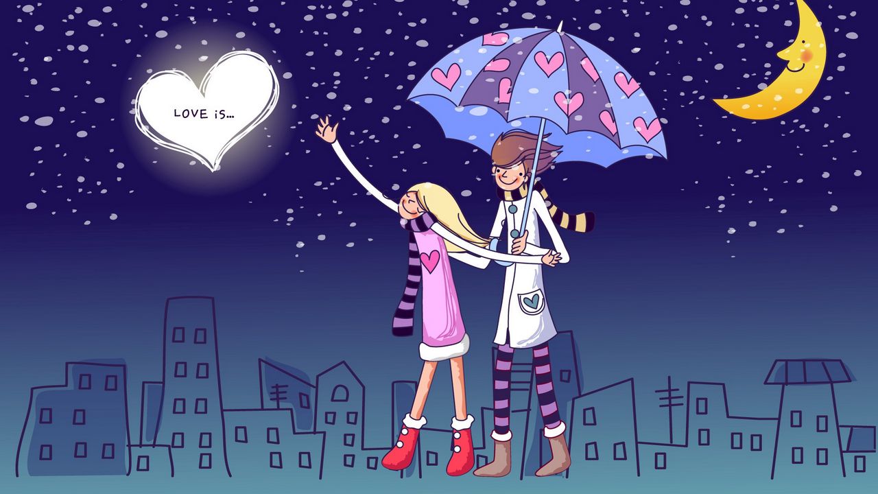Wallpaper couple, love, walk, umbrella, relationships, evening, city
