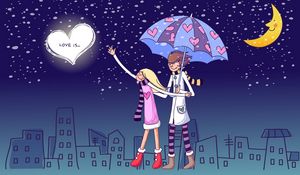 Preview wallpaper couple, love, walk, umbrella, relationships, evening, city