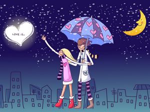 Preview wallpaper couple, love, walk, umbrella, relationships, evening, city