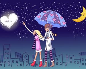 Preview wallpaper couple, love, walk, umbrella, relationships, evening, city