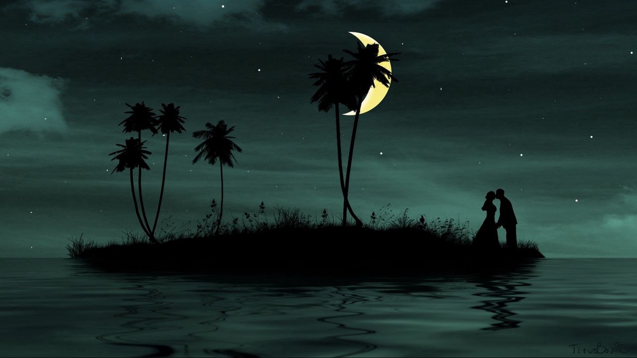 Wallpaper couple, moon, island, palm, sea